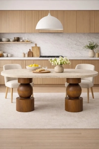 Modern Tasarım Traverten Üstlü Masif Ahşap Torna Ayaklı Yemek Masası 180x80cm